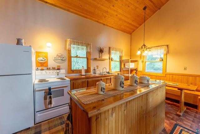 kitchen with white appliances, vaulted ceiling, wooden counters, pendant lighting, and wooden ceiling