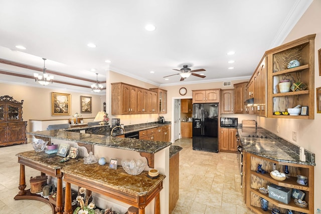 kitchen featuring black appliances, a peninsula, open shelves, and a kitchen bar