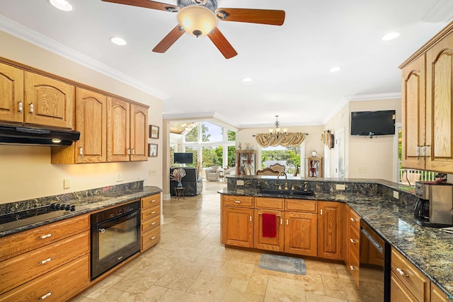 kitchen with ornamental molding, a sink, dark stone counters, under cabinet range hood, and black appliances