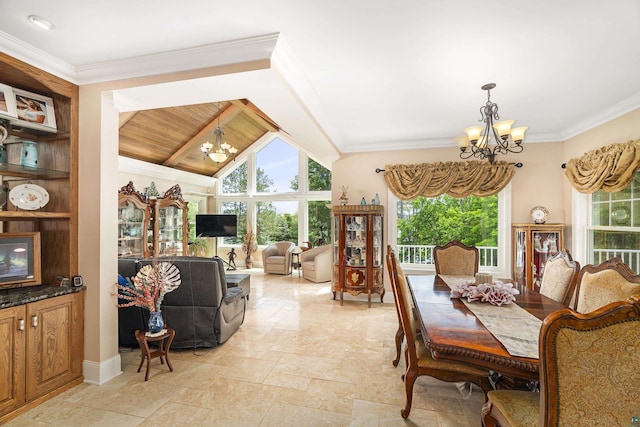 dining room featuring lofted ceiling, stone finish floor, a chandelier, and crown molding