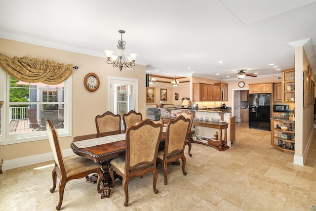 dining area featuring plenty of natural light, ornamental molding, baseboards, and recessed lighting