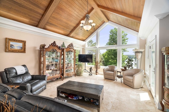 living room featuring wood ceiling, a notable chandelier, high vaulted ceiling, and beam ceiling