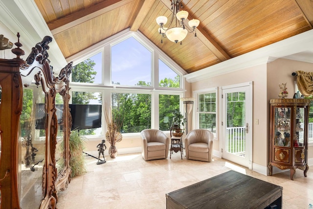 sunroom / solarium featuring lofted ceiling with beams, wood ceiling, and an inviting chandelier