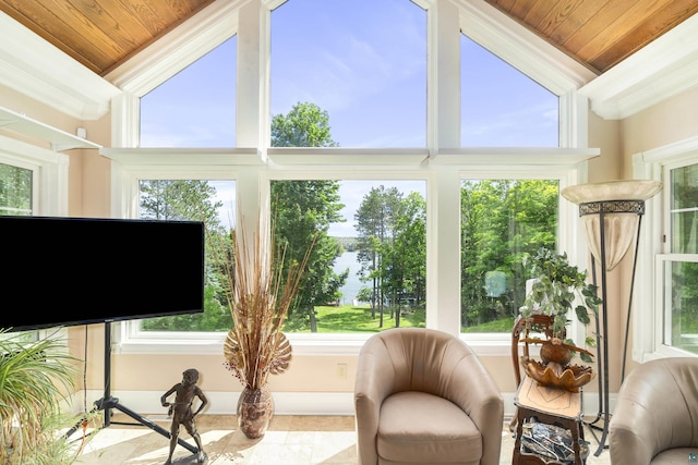 sunroom with lofted ceiling and wooden ceiling