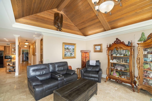 living area with lofted ceiling with beams, wood ceiling, and crown molding