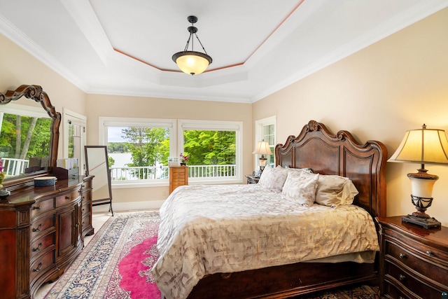 bedroom with ornamental molding, a raised ceiling, and baseboards