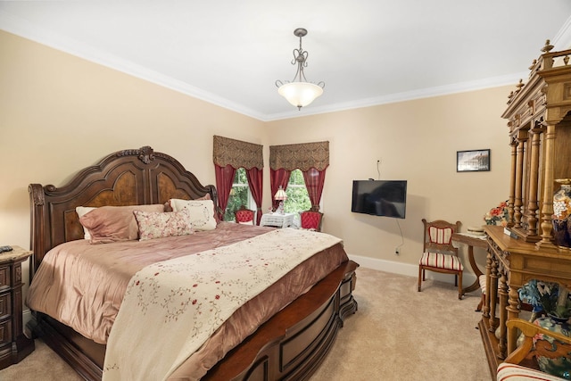 bedroom with light carpet, crown molding, and baseboards