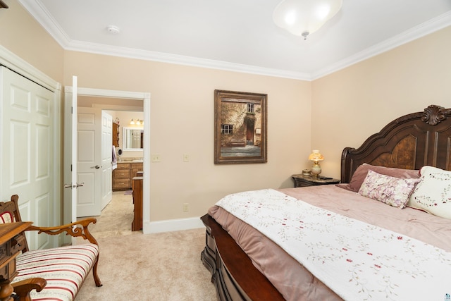 bedroom featuring light carpet, baseboards, and ornamental molding