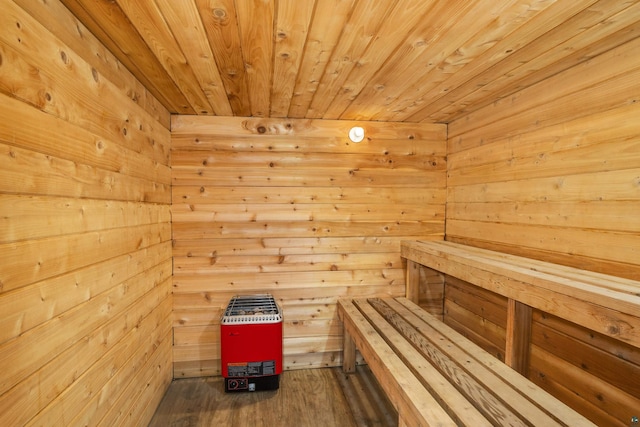 view of sauna with wood finished floors