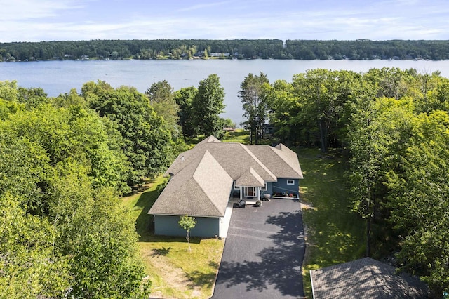 drone / aerial view with a water view and a view of trees