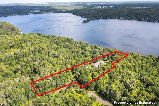 birds eye view of property featuring a water view and a view of trees