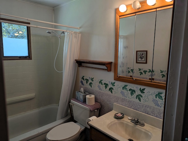 full bathroom featuring toilet, vanity, and shower / tub combo with curtain