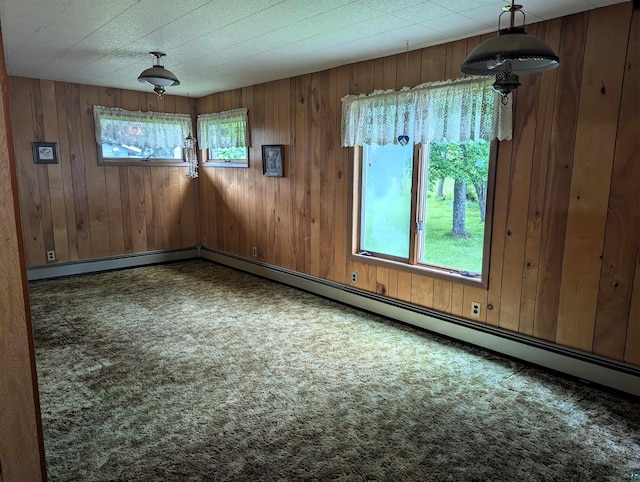 unfurnished room with carpet floors and wood walls