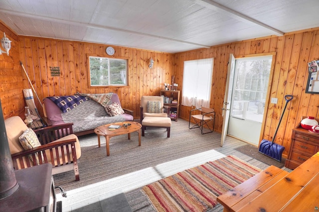 living room featuring carpet, wood walls, and plenty of natural light