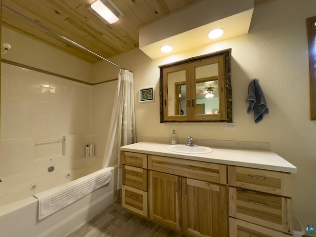 bathroom with shower / bathtub combination with curtain, hardwood / wood-style floors, vanity, and wooden ceiling