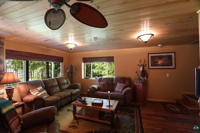 living room with dark wood-type flooring and wood ceiling