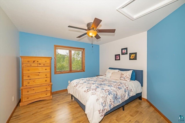 bedroom featuring ceiling fan and light hardwood / wood-style flooring