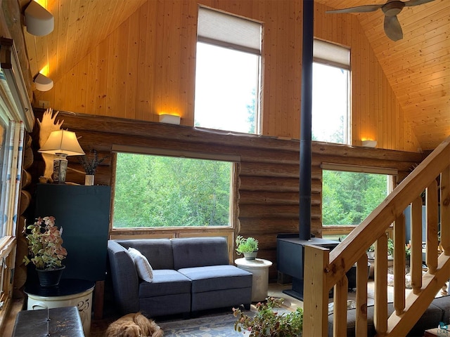 living room featuring ceiling fan, high vaulted ceiling, log walls, and wooden ceiling