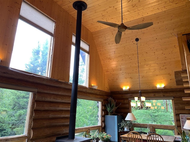 details with ceiling fan with notable chandelier, log walls, wooden ceiling, and a wood stove