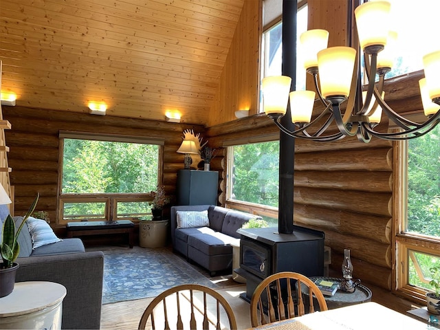 living room with high vaulted ceiling, wood-type flooring, log walls, wooden ceiling, and a notable chandelier