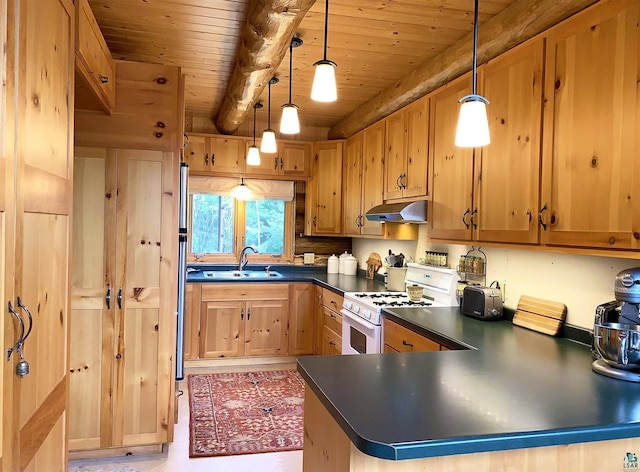 kitchen featuring wood ceiling, gas range gas stove, sink, decorative light fixtures, and kitchen peninsula