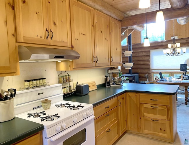 kitchen featuring an inviting chandelier, rustic walls, kitchen peninsula, pendant lighting, and white range with gas cooktop