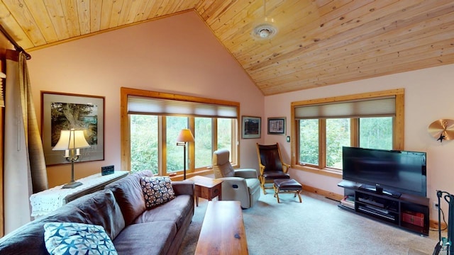 carpeted living room featuring wood ceiling and high vaulted ceiling