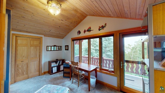 home office with light carpet, vaulted ceiling, and wooden ceiling