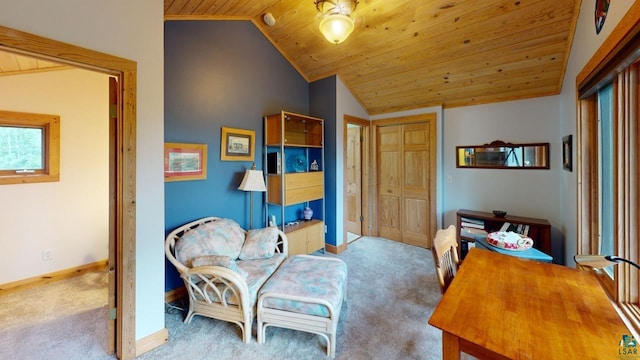 carpeted office space with wood ceiling and vaulted ceiling