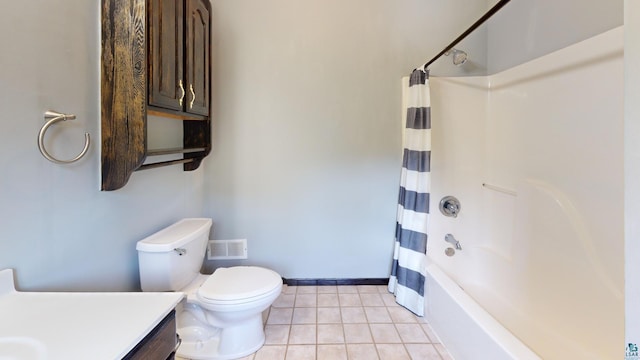 full bathroom with toilet, visible vents, vanity, tile patterned floors, and shower / bath combo with shower curtain