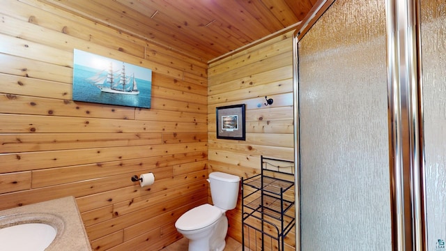 bathroom with wooden ceiling, vanity, toilet, and wooden walls