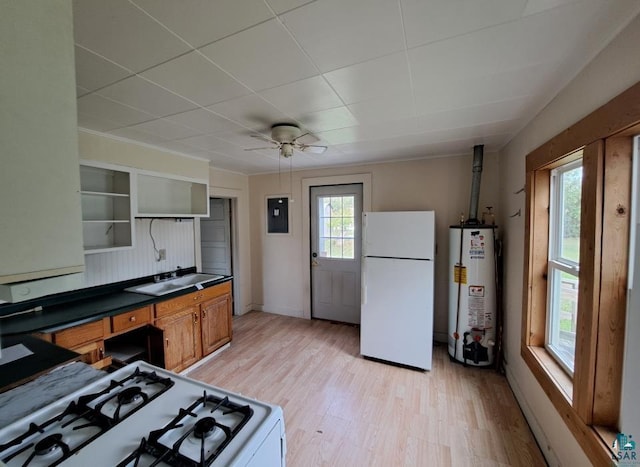 kitchen with light wood-style flooring, white appliances, water heater, electric panel, and brown cabinets