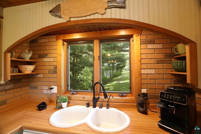 interior space with sink, plenty of natural light, and brick wall