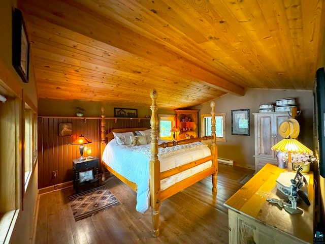 bedroom with wood ceiling, vaulted ceiling with beams, wood walls, and wood-type flooring