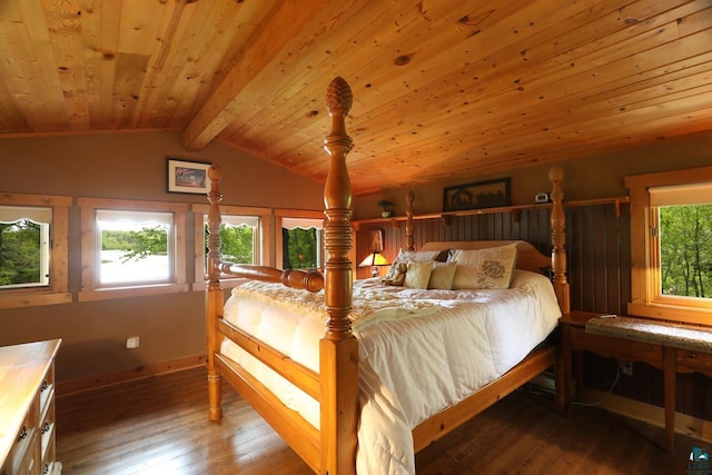 bedroom with hardwood / wood-style floors, wooden ceiling, and lofted ceiling with beams