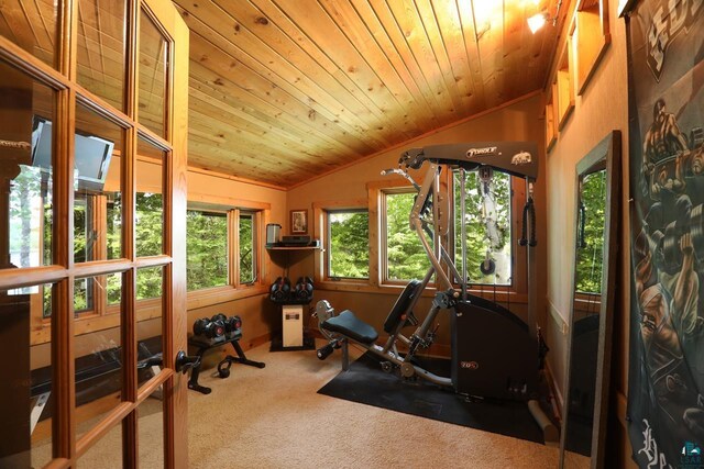 workout room featuring carpet floors, vaulted ceiling, and wood ceiling