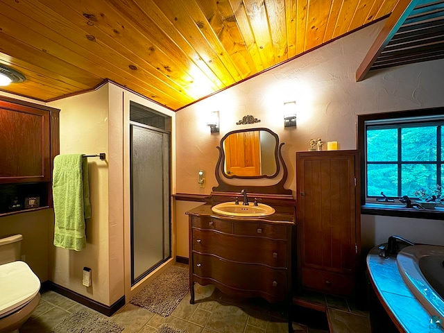 full bathroom with tile patterned floors, plus walk in shower, lofted ceiling, wood ceiling, and toilet