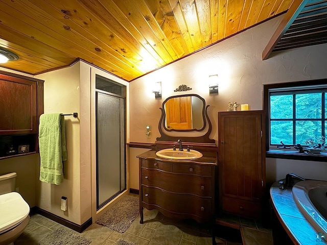 full bath with lofted ceiling, a stall shower, wooden ceiling, and toilet