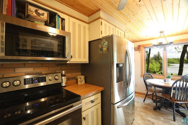 kitchen featuring decorative backsplash, wooden ceiling, butcher block countertops, appliances with stainless steel finishes, and decorative light fixtures