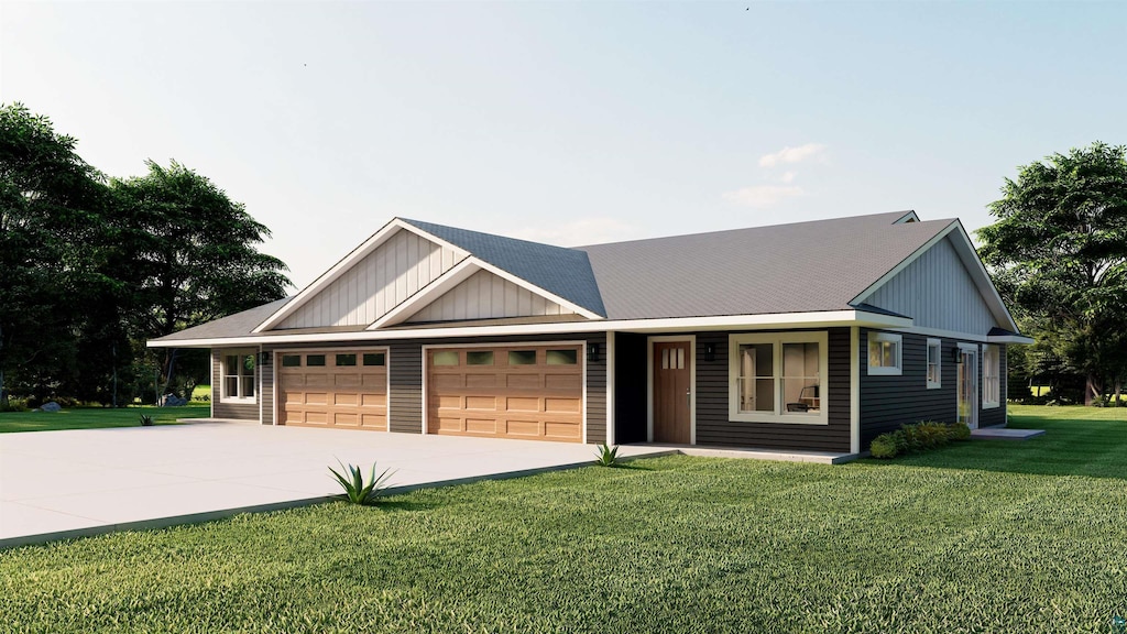 single story home with a garage, driveway, and a front yard