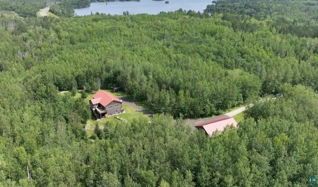 drone / aerial view with a water view and a forest view