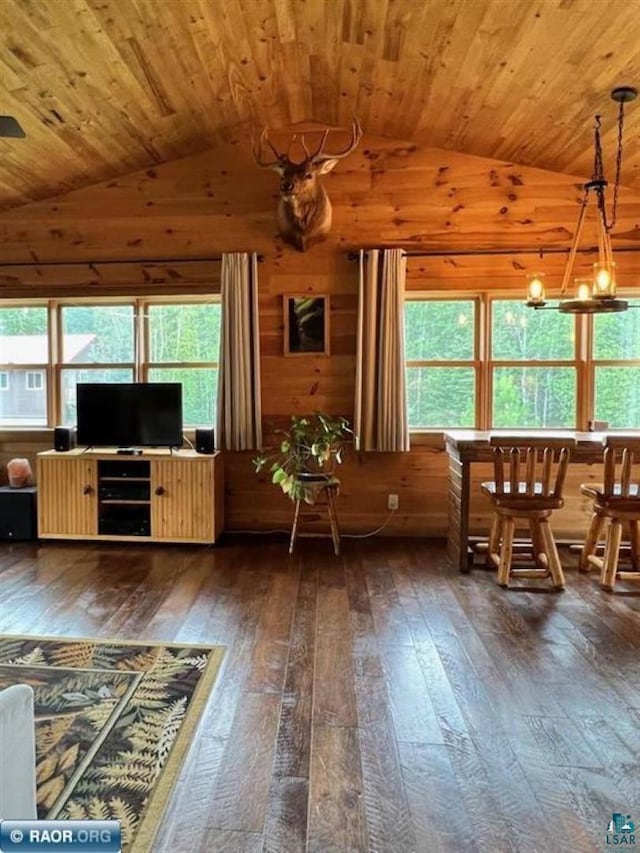 interior space with lofted ceiling, hardwood / wood-style flooring, wooden ceiling, and wood walls