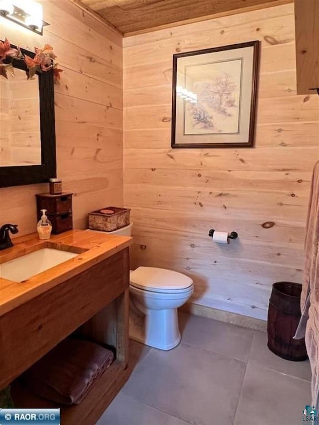 bathroom with wood walls, vanity, and toilet