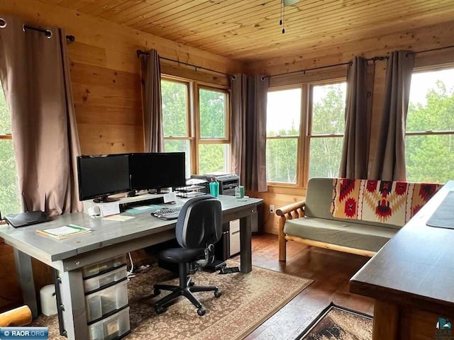 office space with wooden ceiling and wood walls