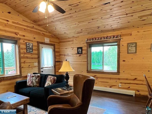 living room featuring a baseboard radiator, a ceiling fan, vaulted ceiling, wood finished floors, and wooden ceiling