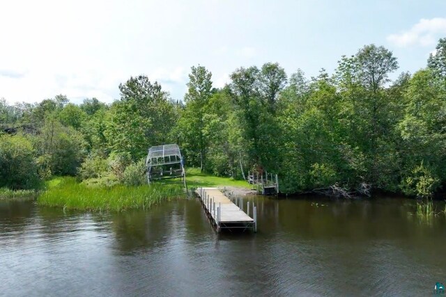 dock area featuring a water view and a forest view