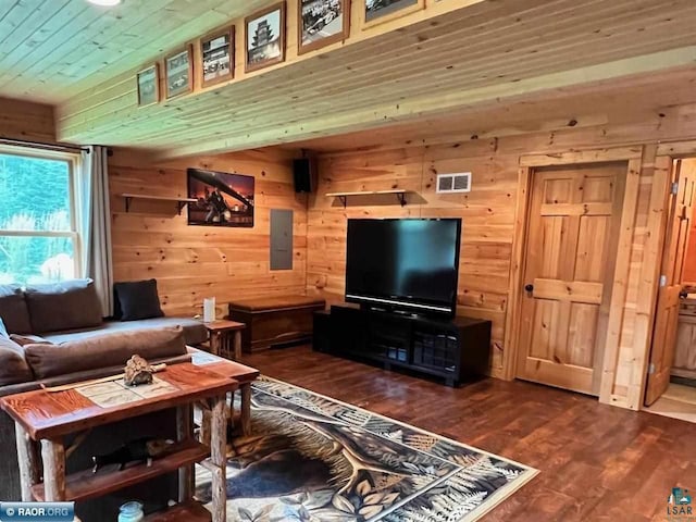 living area featuring electric panel, visible vents, wooden ceiling, dark wood-style floors, and wood walls