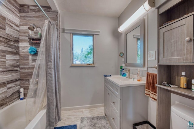 full bathroom with vanity, toilet, shower / bath combination with curtain, and a wealth of natural light