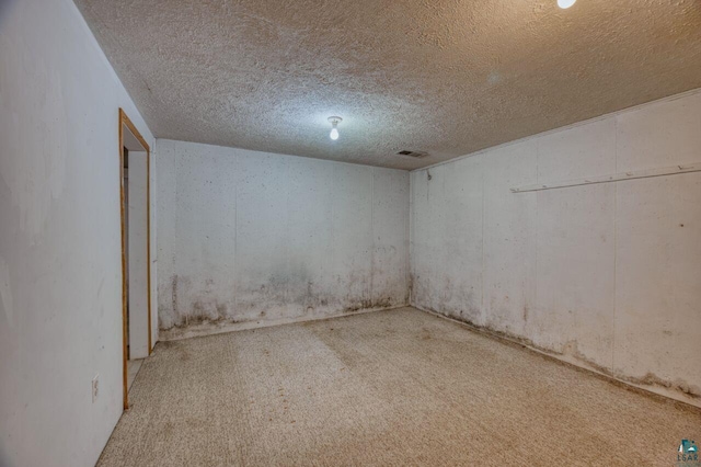 basement with light carpet and a textured ceiling