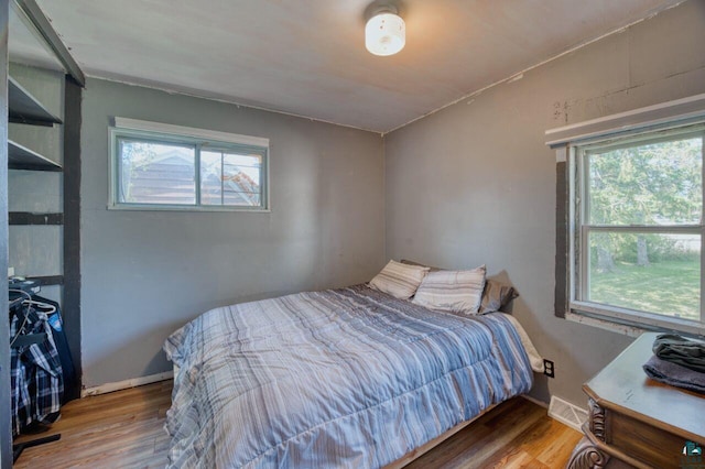 bedroom featuring multiple windows and hardwood / wood-style floors